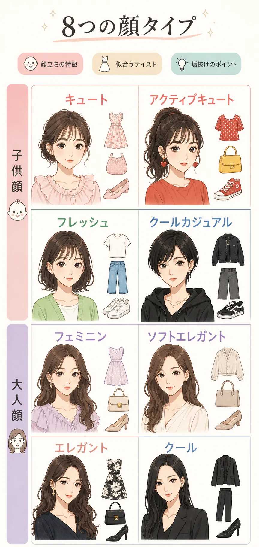 8つの異なるファッションテイストを比較する女性たち