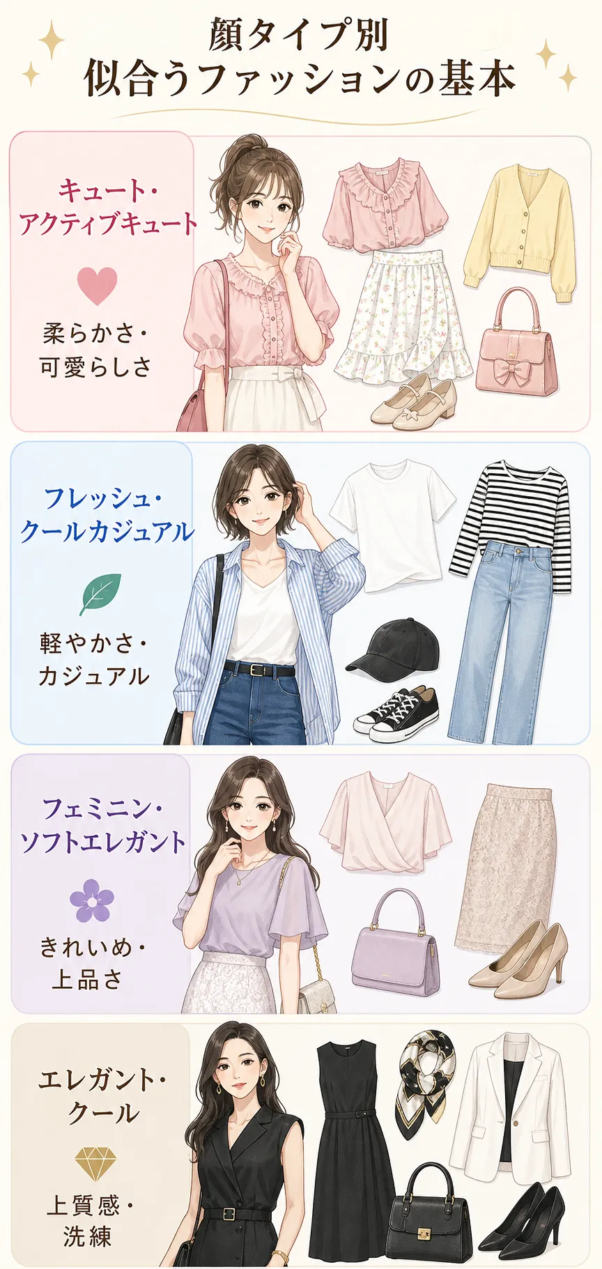曲線的・カジュアル・上品・直線的な服を比較する女性たち