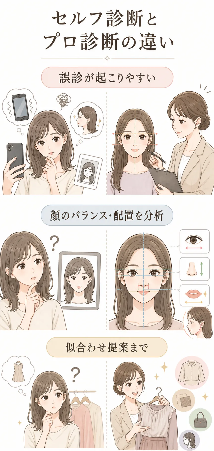 鏡での自己診断とサロンでの客観分析の比較
