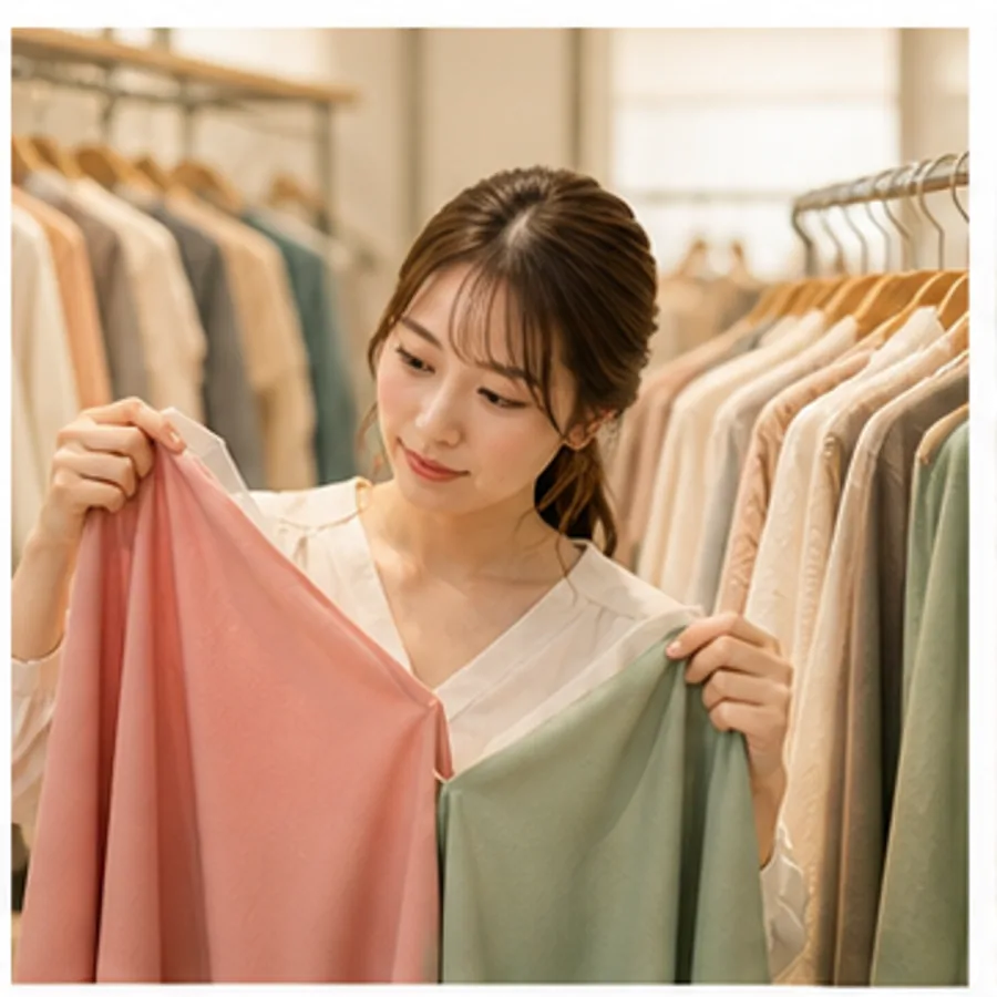 診断結果と実際の服の色を比較する女性