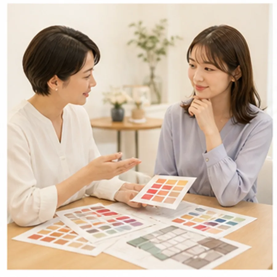 カラーカードを見ながら質問へ答える相談風景